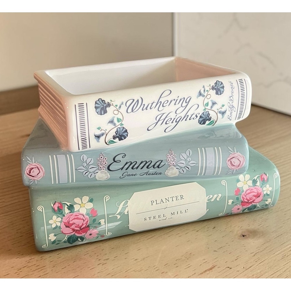 Steel Mill & Co Stacked Books Planter Jane Austen Emma Little Women Floral